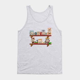 Coffee and reading - jars of coffee with book genre labels kept on a bookshelf with books Tank Top